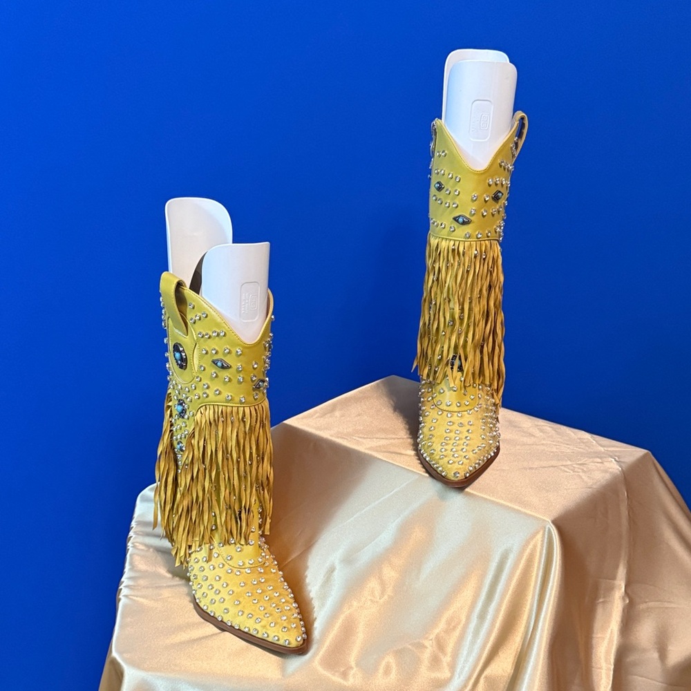 Studded Yellow Fringe Heeled Boots